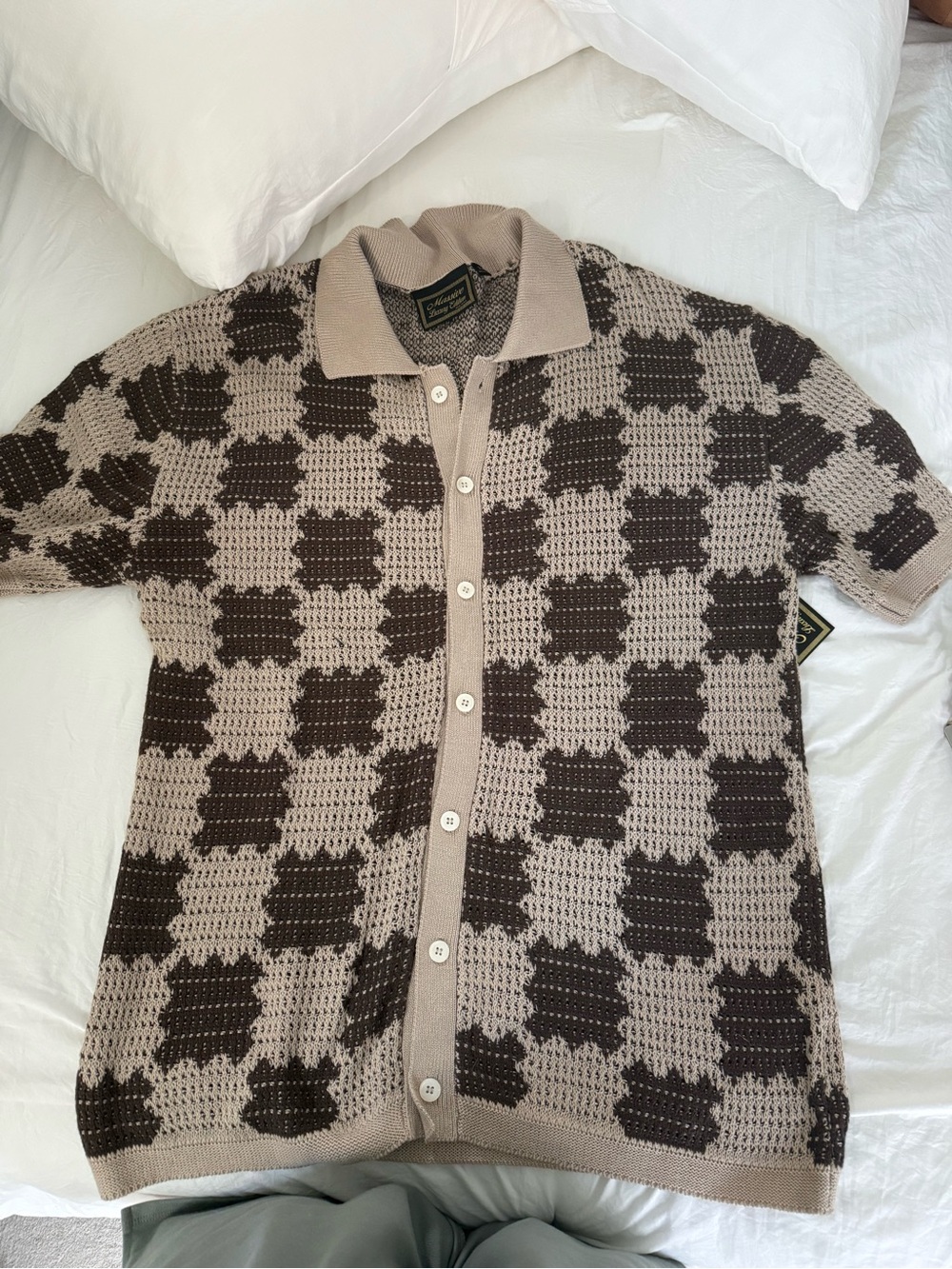 Vintage Knit Check Polo Shirt in Taupe and Chocolate